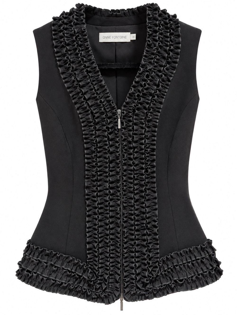 Anne Fontaine Black Ruffle Zip Front Sleeveless Vest Top Size 38
